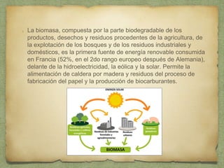 La biomasa, compuesta por la parte biodegradable de los
productos, desechos y residuos procedentes de la agricultura, de
la explotación de los bosques y de los residuos industriales y
domésticos, es la primera fuente de energía renovable consumida
en Francia (52%, en el 2do rango europeo después de Alemania),
delante de la hidroelectricidad, la eólica y la solar. Permite la
alimentación de caldera por madera y residuos del proceso de
fabricación del papel y la producción de biocarburantes.
 