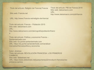 Título del artículo: Religión de Francia| Francia
Sitio web: Francia.net
URL: http://www.Francia.net/religión-de-francia/
Título del artículo: Francia – Población 2015
Sitio web: datosmacro.com
URL:
http://www.datosmacro.com/demografía/población/franci
a
Título del artículo: PIB de Francia 2016
Sitio web: datosmacro.com
URL:
http://www.datosmacro.com/pib/francia
Título del artículo: Política y economía Francia –
Santandertrade.com
Sitio web: Es.portal.santandertrade.com
URL: https://es.portal.santandertrade.com/analizar-
mercados/francia/política-y-economia
Autor: Jiménez
Título del artículo: REVOLUCIÓN FRANCESA: LOS PRIMEROS
CAMBIOS
Sitio web: Slideshare.net
URL: https://www.slideshare.net/juanjumenez22/revolucín-francesa-los-
primeros-camios
 