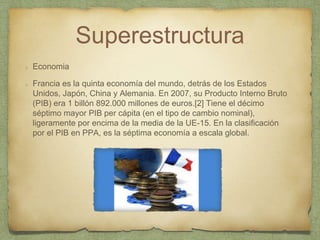 Superestructura
Economia
Francia es la quinta economía del mundo, detrás de los Estados
Unidos, Japón, China y Alemania. En 2007, su Producto Interno Bruto
(PIB) era 1 billón 892.000 millones de euros.[2] Tiene el décimo
séptimo mayor PIB per cápita (en el tipo de cambio nominal),
ligeramente por encima de la media de la UE-15. En la clasificación
por el PIB en PPA, es la séptima economía a escala global.
 