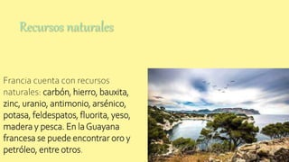 Recursos naturales
Francia cuenta con recursos
naturales: carbón, hierro, bauxita,
zinc, uranio, antimonio, arsénico,
potasa, feldespatos, fluorita, yeso,
madera y pesca. En laGuayana
francesa se puede encontrar oro y
petróleo, entre otros.
 