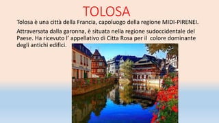 TOLOSA
Tolosa è una città della Francia, capoluogo della regione MIDI-PIRENEI.
Attraversata dalla garonna, è situata nella regione sudoccidentale del
Paese. Ha ricevuto l’ appellativo di Citta Rosa per il colore dominante
degli antichi edifici.
 
