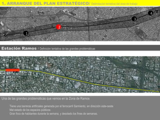Una de las grandes problemáticas que vemos en la Zona de Ramos
Tiene una barreras artificiales generada por el ferrocarril Sarmiento, en dirección este-oeste
Mal estado de los espacios públicos.
Gran foco de habitantes durante la semana, y desolado los fines de semanas.
1
2
3
4
Estación Ramos / Definición tentativa de las grandes problemáticas
1. ARRANQUE DEL PLAN ESTRATÉGICO/ Delimitación tentativa del área de trabajo
 