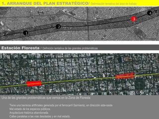 Una de las grandes problemáticas que vemos en la Zona de Floresta
Tiene una barreras artificiales generada por el ferrocarril Sarmiento, en dirección este-oeste
Mal estado de los espacios públicos.
Arquitectura histórica abandonada.
Calles paralelas a las vías desoladas y en mal estado.
1
2
3
4
Estación Floresta / Definición tentativa de las grandes problemáticas
1. ARRANQUE DEL PLAN ESTRATÉGICO/ Delimitación tentativa del área de trabajo
 
