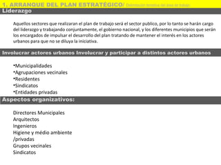 Liderazgo
Aquellos sectores que realizaran el plan de trabajo será el sector publico, por lo tanto se harán cargo
del liderazgo y trabajando conjuntamente, el gobierno nacional, y los diferentes municipios que serán
los encargados de impulsar el desarrollo del plan tratando de mantener el interés en los actores
urbanos para que no se diluya la iniciativa.
Involucrar actores urbanos Involucrar y participar a distintos actores urbanos
•Municipalidades
•Agrupaciones vecinales
•Residentes
•Sindicatos
•Entidades privadas
Aspectos organizativos:
Directores Municipales
Arquitectos
Ingenieros
Higiene y médio ambiente
/privadas
Grupos vecinales
Sindicatos
1. ARRANQUE DEL PLAN ESTRATÉGICO/ Delimitación tentativa del área de trabajo
 