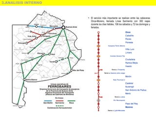 3.ANALISIS INTERNO
• El servicio más importante se realizan entre las cabeceras
Once-Moreno, llamada Línea Sarmiento con 300 viajes
durante los días hábiles, 106 los sábados y 72 los domingos y
feriados.
 