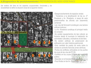 4.Diagnostico de posicionamiento/ PREFIGURACION DEL NODO VERDE RAMOS
Del análisis del área en los aspectos ocupacionales ,funcionales y de
accesibilidad se define la situación actual de la siguiente manera :
-Desaprovechamiento de espacios verdes
- Tendencia a la densificación de las av. 2º
Rivadavia y Av. Rivadavia, a causa de usos
predominantes de oficinas con basamento
comercial.
-Las vías del ferrocarril constituyen una barrera
artificial norte-sur.
-La Av. Rivadavia constituye el principal medio
de conexión.
-No existen equipamientos de tipo cultural, se
fomenta desde el municipio la realización de
actividades culturales y recreativas al aire libre.
-No existen políticas de preservación de
edificación con valor histórico-patrimonial.
-Gran cantidad de puesto de venta sobre la
vereda en aumento hacia las zonas céntricas.
-Puntos de conflictos vehiculares en los puntos
de cruce de las vías del FF.SS.
-Conflicto en los cruces a causa del transporte
publico.
-Desorden en el transbordo de pasajeros.
-Poca fluidez en las Av. Principales.
 