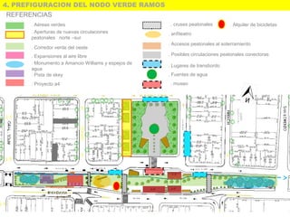 4. PREFIGURACION DEL NODO VERDE RAMOS
REFERENCIAS
. Aéreas verdes
. Aperturas de nuevas circulaciones
peatonales norte –sur
. Corredor verde del oeste
. Expansiones al aire libre
. Monumento a Amancio Williams y espejos de
agua
. Pista de skey
. Proyecto a4
. cruses peatonales
. anfiteatro
. Accesos peatonales al soterramiento
. Posibles circulaciones peatonales conectoras
. Lugares de transbordo
. Fuentes de agua
. museo
. Alquiler de bicicletas
 