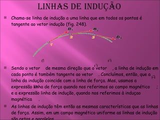 Chama-se linha de indução a uma linha que em todos os pontos é tangente ao vetor indução (fig. 248).  Sendo o vetor  de mesma direção que o vetor  , a linha de indução em cada ponto é também tangente ao vetor  . Concluímos, então, que a linha da indução coincide com a linha de força. Mas, usamos a expressão linha de força quando nos referimos ao campo magnético  ; e a expressão linha de indução, quando nos referimos à induçao magnética  .  As linhas de indução têm então as mesmas características que as linhas de força. Assim, em um campo magnético uniforme as linhas de indução são retas e paralelas.  