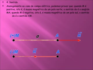 4. Sentido  Analogamente ao caso de campo elétrico, podemos provar que: quando M é positiva, isto é, é massa magnética de um polo norte, o sentido de é o sentido MA; quando M é negativa, isto é, é massa magnética de um polo sul, o sentido  de é o sentido AM . 
