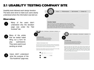 Usability tests followed each design iteration.
The tests were done to make sure users clearly
understood where the information was laid out.
Observations
Many of the users didn’t
understand why the donation
page was under the “Get
Involved” tab.
Many of the artists
that we tested hated
filling out a form for
play submissions.
They were used to just
sending an email.
Users didn’t understand
what the purpose of the
“Our Audience” page was.
1
1
2
2
3
3
5.1 USABILITY TESTING COMPANY SITE
 
