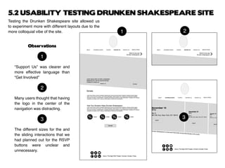 Testing the Drunken Shakespeare site allowed us
to experiment more with different layouts due to the
more colloquial vibe of the site.
Observations
“Support Us” was clearer and
more effective language than
“Get Involved”
Many users thought that having
the logo in the center of the
navigation was distracting.
The different sizes for the and
the sliding interactions that we
had planned out for the RSVP
buttons were unclear and
unnecessary.
1
1
2
2
3 3
5.2 USABILITY TESTING DRUNKEN SHAKESPEARE SITE
 