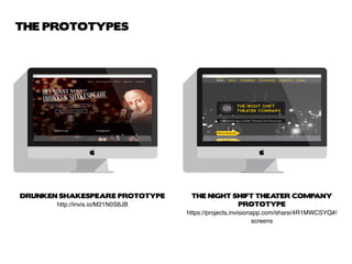 DRUNKEN SHAKESPEARE PROTOTYPE
http://invis.io/M21N0S6JB
THE NIGHT SHIFT THEATER COMPANY
PROTOTYPE
https://projects.invisionapp.com/share/4R1MWCSYQ#/
screens
THE PROTOTYPES
 