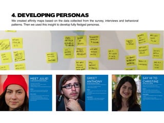 4. DEVELOPING PERSONAS
We created affinity maps based on the data collected from the survey, interviews and behavioral
patterns. Then we used this insight to develop fully fledged personas.
 