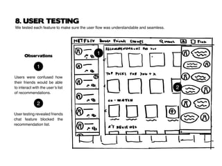 8. USER TESTING
We tested each feature to make sure the user flow was understandable and seamless.
Observations
Users were confused how
their friends would be able
to interact with the user’s list
of recommendations.
User testing revealed friends
chat feature blocked the
recommendation list.
1
1
2
2
 