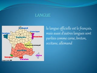 la langue officielle est le français,
mais aussi d'autres langues sont
parlées comme corse, breton,
occitane, allemand
 