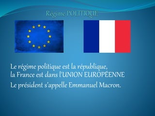 Le régime politique est la république,
la France est dans l'UNION EUROPÉENNE
Le président s’appelle Emmanuel Macron.
 