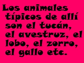 Los animales
típicos de allí
son el tucán,
el avestruz, el
lobo, el zorro,
el gallo etc.
 