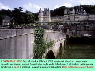 Il castello d'Ussé fu costruito tra il XV e il XVIII secolo sul sito di un precedente
castello medievale, lungo il fiume Indre, nella Valle della Loira. È al limitare della foresta
di Chinon e ispirò a Charles Perrault la celebre fiaba della Bella addormentata nel bosco.
 