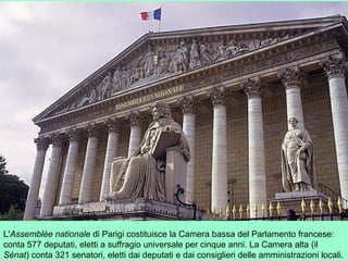 L'Assemblée nationale di Parigi costituisce la Camera bassa del Parlamento francese:
conta 577 deputati, eletti a suffragio universale per cinque anni. La Camera alta (il
Sénat) conta 321 senatori, eletti dai deputati e dai consiglieri delle amministrazioni locali.
 