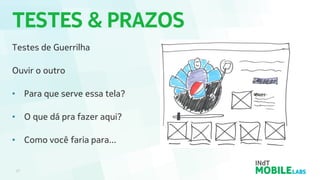 TESTES & PRAZOS
27
Testes de Guerrilha
Ouvir o outro
• Para que serve essa tela?
• O que dá pra fazer aqui?
• Como você faria para...
 