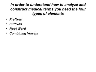 In order to understand how to analyze and construct medical terms you need the four types of elements Prefixes Suffixes Root Word Combining Vowels 