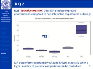 R Q 2
Using
Interactive
Genetic
Algorithm for
Requirements
Prioritization
31
RQ2 (Role of interaction) Does IGA produce improved
prioritizations compared to non-interactive requirement ordering?
IGA outperforms substantially GA (and RAND), especially when a
higher number of pairwise comparisons can be carried out
YES!
Outline
Problem
Related Works
Genetic Algo
Our Approach
Case Study
Results
Discussions
Conclusions
 