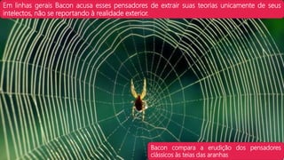 Bacon compara a erudição dos pensadores
clássicos às teias das aranhas
Em linhas gerais Bacon acusa esses pensadores de extrair suas teorias unicamente de seus
intelectos, não se reportando à realidade exterior.
 