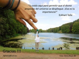 “Tu estás aquí para permitir que el divino propósito del universo se despliegue. ¡Esa es tu importancia!” Eckhart Tolle 
fglizana@isciii.es 
Gracias !!! 
Foto: Elena Reyes © 