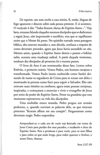 56 0 D eus e s q u e c id o
De repente, um som enche a casa inteira. E, então, línguas de
fogo aparecem e descem sobre cada pessoa presente. E aí acontece.
O versículo 4 diz: “Todos ficaram cheios do Espírito Santo...”.Veja
bem, estamosfalando daqueles mesmosdiscípulos que sededicaram
a seguir Jesus, não importando o sacrifício, mas que se espalharam
assim que o Mestre foi preso. No episódio narrado nessa passagem
bíblica, eles estavam reunidos e, sem dúvida, confusos a respeito de
como deveriam proceder, agora que Jesus havia ascendido ao céu.
Mesmo assim, quando o Espírito Santo desceu e passou a habitar
neles, ocorreu uma mudança radical. A partir daquele momento,
nenhum dos discípulos ali presentes foi a mesma pessoa.
O livro de Atos é um testemunho desse fato. Lemos sobre
Estêvão, o primeiro mártir. Vemos Pedro, um homem corajoso e
transformado. Vemos Paulo (antes conhecido como Saulo) dei­
xando de matar os seguidores de Cristo para se tornar um deles e
mostrando às pessoas como fazer para seguir o Salvador. Eles não
estavam mais tímidos ou confusos; agora eram pessoas corajosas,
inspiradas, e começaram a anunciar e viver o evangelho de Jesus
por meio do poder do Espírito Santo. Pense na grandeza que esse
momento representou na vida dos discípulos.
Uma multidão estava reunida. Pedro pregou um sermão
poderoso, e, quando ouviram as palavras dele, os que estavam
presentes “ficaram aflitos em seu coração”. Perguntaram como
deveriam reagir. Pedro respondeu:
Arrependam-se, e cada um de vocês seja batizado em nome de
Jesus Cristo para perdão dos seus pecados, e receberão o dom do
Espírito Santo. Pois a promessa é para vocês, para os seus filhos
e para todos os que estão longe, para todos quantos o Senhor, o
nosso Deus, chamar.
Atos 2:37-39
 