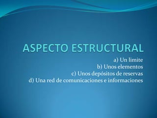 ASPECTO ESTRUCTURALa) Un limiteb) Unos elementosc) Unos depósitos de reservasd) Una red de comunicaciones e informaciones