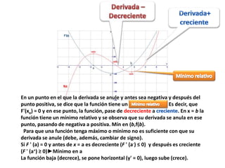 En un punto en el que la derivada se anule y antes sea negativa y después del
punto positiva, se dice que la función tiene un mínimo relativo. Es decir, que
F'(xo) = 0 y en ese punto, la función, pase de decreciente a . En x = b la
función tiene un mínimo relativo y se observa que su derivada se anula en ese
punto, pasando de negativa a positiva. Mín en (b,f(b).
Para que una función tenga máximo o mínimo no es suficiente con que su
derivada se anule (debe, además, cambiar de signo).
Si F ' (a) = 0 y antes de x = a es decreciente (F ' (a-) ≤ 0) y después es creciente
(F ' (a+) ≥ 0)►Mínimo en a
La función baja (decrece), se pone horizontal (y' = 0), luego sube (crece).
 