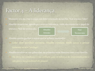  Momento era de crise e exigia um líder orientado às tarefas, Noé era esse líder!
 Absalão deveria ter optado por uma co-liderança, onde ele assumiria o papel de
artesão e Noé de tecnocrata.
 Absalão queria ganhar o status que se achava merecedor:
 Líder deve partilhar sucessos; Absalão começou desde inicio a pensar
somente no seu “umbigo”.
 Absalão revelou-se um gabarolas, na primeira noite festejou com a sua família.
 Ele devia ter canalizado a sua ambição para os esforços do empreendimento e
não para a sua grandiosidade pessoal.
Modulo 5 - LiderançaPós-Graduação em Prospectiva, Estratégia e Inovação
Absalão
Artesão
Noé
Tecnocrata
 