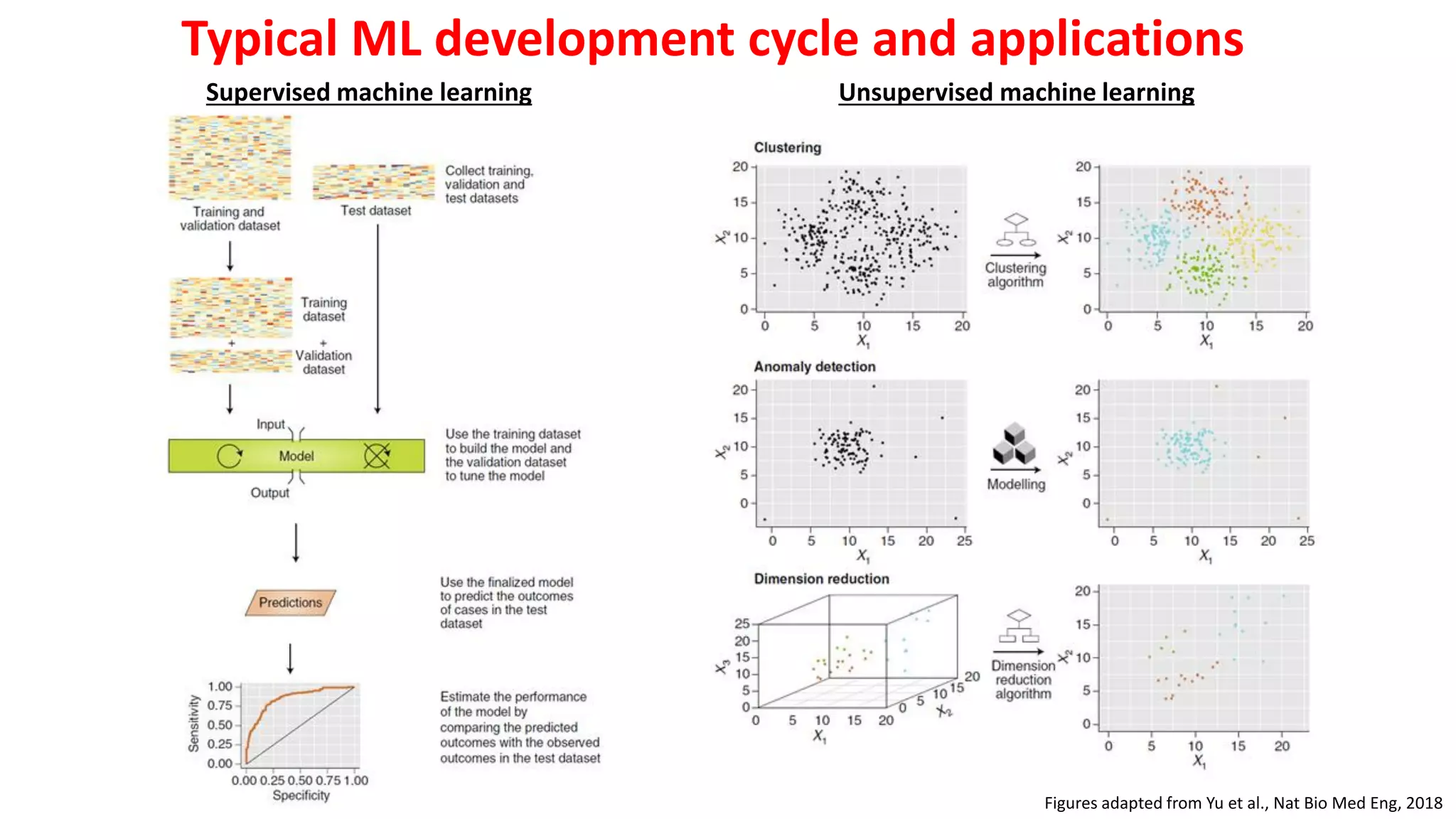 Typical ML development cycle and applications
Supervised machine learning Unsupervised machine learning
Figures adapted from Yu et al., Nat Bio Med Eng, 2018
 