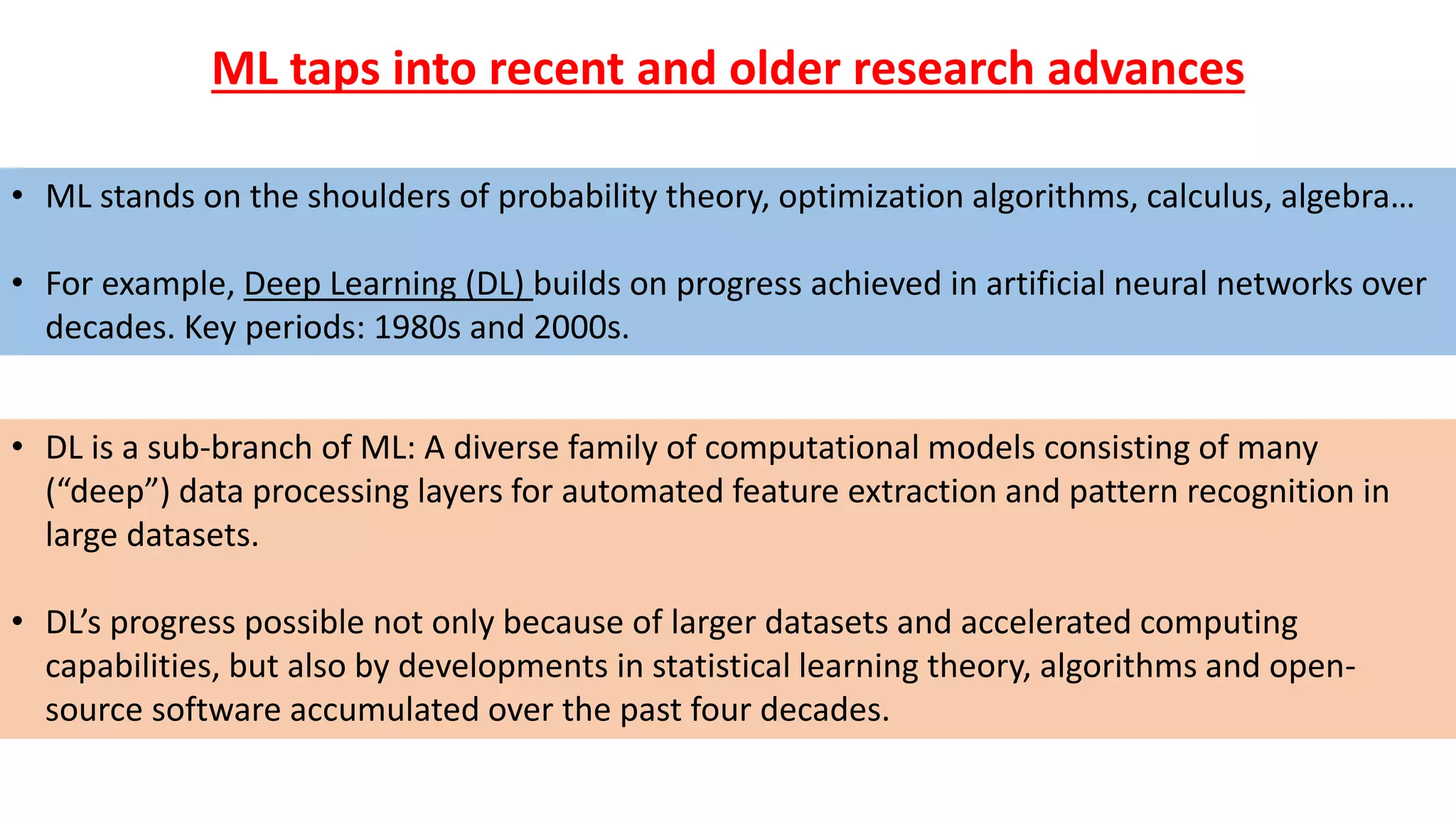 ML taps into recent and older research advances
• ML stands on the shoulders of probability theory, optimization algorithms, calculus, algebra…
• For example, Deep Learning (DL) builds on progress achieved in artificial neural networks over
decades. Key periods: 1980s and 2000s.
• DL is a sub-branch of ML: A diverse family of computational models consisting of many
(“deep”) data processing layers for automated feature extraction and pattern recognition in
large datasets.
• DL’s progress possible not only because of larger datasets and accelerated computing
capabilities, but also by developments in statistical learning theory, algorithms and open-
source software accumulated over the past four decades.
 