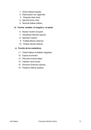 1. Silvas habitant aquilae.
2. Paeninsulam non vigilat filia.
3. Graeciae vitam amat.
4. Agricolis terras creat.
5. Nominat Galliae militiam.
b) Formas verbales en singular y en plural
6. Nautae insulam occupant.
7. Disciplinae historiam ignorat.
8. Agricolam culpant.
9. Puellae litteram observat.
10. Poetae adorant catenas.
c) Función de los sustantivos
11. Visitant Italiam et Galliam magistrae.
12. Capras enumerant.
13. Pecuniam amicae debet.
14. Fabulam narrat nautis.
15. Dominant Graeciae colonias.
16. Puellarum litteras duplicat.
Latín Básico Franciasco Bombín García 14
 