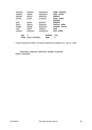 interficio interfeci interfectum matar, asesinar
obsideo obsedi obsessum sitiar, cercar
obtineo obtinui obtentum obtener
occido occidi occasum morir, matar,
asesinar
paro paravi paratum preparar
signo signavi signatum rubricar, sellar
subigo subegi subectum someter, vencer
volo volavi volatum volar
vulnero vulneravi vulneratum herir, dañar
aut o centum cien
circa cerca, alrededor -que1 y
1) Esta conjunción enclítica se traduce delante de la palabra a la que va unida.
Ascensión, cadencia, centenario, factible, occidente,
volátil, vulnerable.
Latín Básico Franciasco Bombín García 28
 