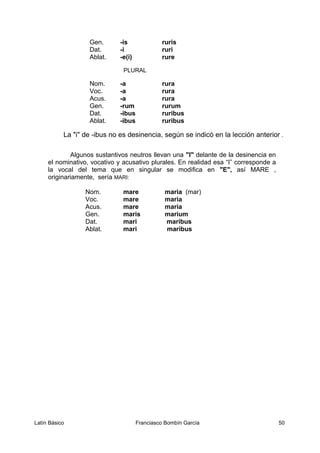 Gen. -is ruris
Dat. -i ruri
Ablat. -e(i) rure
PLURAL
Nom. -a rura
Voc. -a rura
Acus. -a rura
Gen. -rum rurum
Dat. -ibus ruribus
Ablat. -ibus ruribus
La "i" de -ibus no es desinencia, según se indicó en la lección anterior .
Algunos sustantivos neutros llevan una "I" delante de la desinencia en
el nominativo, vocativo y acusativo plurales. En realidad esa “I” corresponde a
la vocal del tema que en singular se modifica en "E", así MARE ,
originariamente, sería MARI:
Latín Básico Franciasco Bombín García 50
Nom. mare maria (mar)
Voc. mare maria
Acus. mare maria
Gen. maris marium
Dat. mari maribus
Ablat. mari maribus
 
