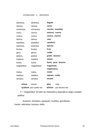 VOCABULARIO y DERIVADOS
adventus, adventus llegada
census, census censo
conventus, conventus reunión, asamblea
cornu, cornus extremo, cuerno
cursus, cursus carrera, marcha
domus, domus casa
equitatus, equitatus caballería
exercitus, exercitus ejército
fructus, fructus fruto
genu, genus rodilla
gradus, gradus grado, ascenso
impetus, impetus ataque
luctus, luctus llanto, pena, lamento
magistratus, magistratus* magistrado,
magistratura
metus, metus miedo
redditus, redditus regreso, vuelta
senatus, senatus senado
minus menos plus más
quartum por cuarta vez tertium por tercera vez
1 ) “magistratus” en latín es masculino y equivale a cargo y puesto
político.
Acepción, doméstico, equitación, fructífero, genuflexión,
insular, meticuloso, luctuoso, rédito
Latín Básico Franciasco Bombín García 58
 