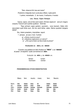 "Non -dixerunt illi- bos est maior"
Postremo indignata dum curat plus inflare, rupta periit.
1 pobre, necesitado, 2 de nuevo, 3 esfuerzo, 4 acaso
Leo, Vacca, Capra Ovisque
Vacca, capra, ovis et leo socii erant. Omnes ceperunt cervum magno
corpore. Faciunt cervi partes quattuor. Dixit leo:
"Ego primam capio partem, quoniam1 voco leonem. Datis mihi
secundam quia fortis sum. Ad me venit tertia: valeo. Nemo quartam tangere
debet".
Sic2 totam praedam3 improbitas rapuit.
1 porque, ya que, 2 así, 3 presa
a) ¿Cómo murió la rana?
b) ¿Quiénes capturaron un ciervo?
c) ¿Por qué el león se llevo toda la presa?
Evolución de -MEN y de -MINEM
Cuando una palabra en latín finaliza en "MEN" o en “MINEM”
al pasar al español suele convertirse en -MBR-
Evolución de -MEN y de –MINEN en:
famen lumen
hominem nomen
PRONOMBRES/ADJ ETIVOS DEMOSTRATIVOS
Masc. fem. neutro masc. fem. Neutro
Nom. hic haec hoc hi haec haec
Ac. hunc hanc hoc hos has haec
Gen. huius huius huius horum harum horum
Dat. huic huic huic his his his
Abl. hoc hac hoc his his his
Latín Básico Franciasco Bombín García 75
 