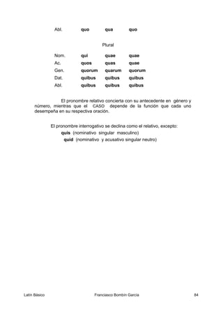 Abl. quo qua quo
Plural
Nom. qui quae quae
Ac. quos quas quae
Gen. quorum quarum quorum
Dat. quibus quibus quibus
Abl. quibus quibus quibus
El pronombre relativo concierta con su antecedente en género y
número, mientras que el CASO depende de la función que cada uno
desempeña en su respectiva oración.
El pronombre interrogativo se declina como el relativo, excepto:
quis (nominativo singular masculino)
quid (nominativo y acusativo singular neutro)
Latín Básico Franciasco Bombín García 84
 