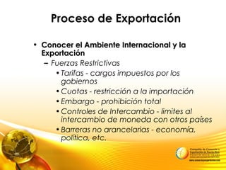 Proceso de Exportación
• Conocer el Ambiente Internacional y laConocer el Ambiente Internacional y la
ExportaciónExportación
– Fuerzas Restrictivas
•Tarifas - cargos impuestos por los
gobiernos
•Cuotas - restricción a la importación
•Embargo - prohibición total
•Controles de Intercambio - limites al
intercambio de moneda con otros países
•Barreras no arancelarias - economía,
política, etc.
 