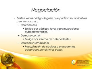 NegociaciónNegociación
• Existen varios códigos legales que podrían ser aplicables
a su transacción:
– Derecho civil
• Se rige por códigos, leyes y promulgaciones
gubernamentales.
– Derecho común
• Se rige por sistema de antecedentes.
– Derecho internacional
• Recopilación de códigos y precedentes
adoptados por distintos países.
 