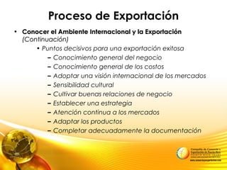 Proceso de Exportación
• Conocer el Ambiente Internacional y la ExportaciónConocer el Ambiente Internacional y la Exportación
(Continuación)(Continuación)
• Puntos decisivos para una exportación exitosa
– Conocimiento general del negocio
– Conocimiento general de los costos
– Adoptar una visión internacional de los mercados
– Sensibilidad cultural
– Cultivar buenas relaciones de negocio
– Establecer una estrategia
– Atención continua a los mercados
– Adaptar los productos
– Completar adecuadamente la documentación
 