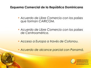 Esquema Comercial de la República Dominicana
• Acuerdo de Libre Comercio con los países
que forman CARICOM.
• Acuerdo de Libre Comercio con los países
de Centroamérica.
• Acceso a Europa a través de Cotonou.
• Acuerdo de alcance parcial con Panamá.
 