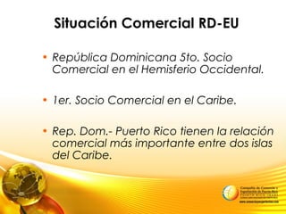 Situación Comercial RD-EU
• República Dominicana 5to. Socio
Comercial en el Hemisferio Occidental.
• 1er. Socio Comercial en el Caribe.
• Rep. Dom.- Puerto Rico tienen la relación
comercial más importante entre dos islas
del Caribe.
 
