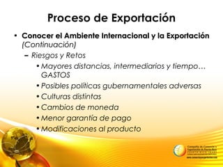Proceso de Exportación
• Conocer el Ambiente Internacional y la ExportaciónConocer el Ambiente Internacional y la Exportación
(Continuación)(Continuación)
– Riesgos y Retos
•Mayores distancias, intermediarios y tiempo…
GASTOS
•Posibles políticas gubernamentales adversas
•Culturas distintas
•Cambios de moneda
•Menor garantía de pago
•Modificaciones al producto
 