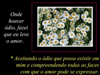 Onde houver ódio, fazei que eu leve o amor.   * Aceitando o ódio que  possa existir em mim  e compreendendo todas as faces com que o amor pode se expressar. 