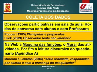 Nazaré da Mata
2018
Universidade de Pernambuco
Campus Mata Norte
Mestrado Profissional em Educação
COLETA DOS DADOS
Observações participativas em sala de aula, Ro-
das de conversa com alunos e com Professora
Na Web a Máquina das funções, o Mural das ati-
vidades. Por fim a leitura discursiva do questio-
nário (Apêndice A)
Popper (1985) Planejadas e preparadas
Flick (2009) Observador tenta não interferir
Marconi e Lakatos (2004) “série ordenada, respondidas
por escrito e sem a presença do pesquisador”
 