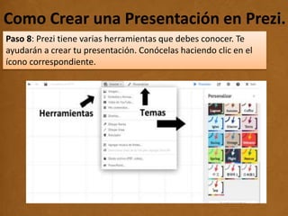 Como Crear una Presentación en Prezi..
Paso 8: Prezi tiene varias herramientas que debes conocer. Te
ayudarán a crear tu presentación. Conócelas haciendo clic en el
ícono correspondiente.
 