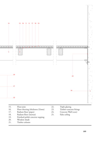 109
15.	 Floor joist
16.	 Floor sheeting (thickness 32mm)
17.	 Radiant floor (pipes)
18.	 Radiant floor (mortar)
19.	 Finished polish concrete topping
20.	 Window shade
21.	 Timber column
22.	 Triple glazing
23.	 Timber-concrete fixings
24.	 Concrete Wall (core)
25.	 False ceiling
 